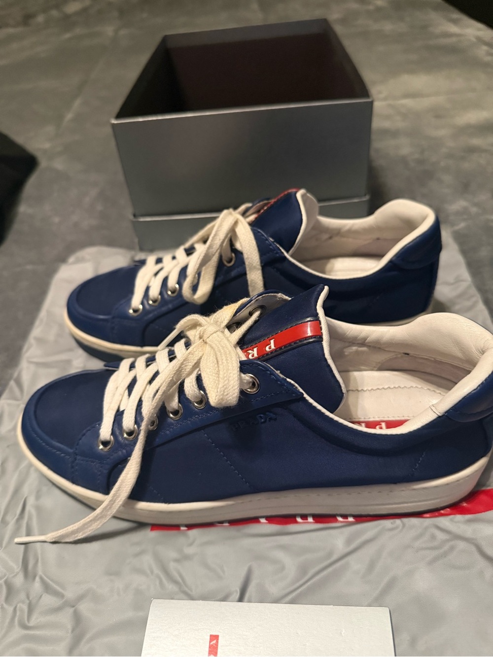 Prada Navy and White Women’s Low-Top Leather Sneakers